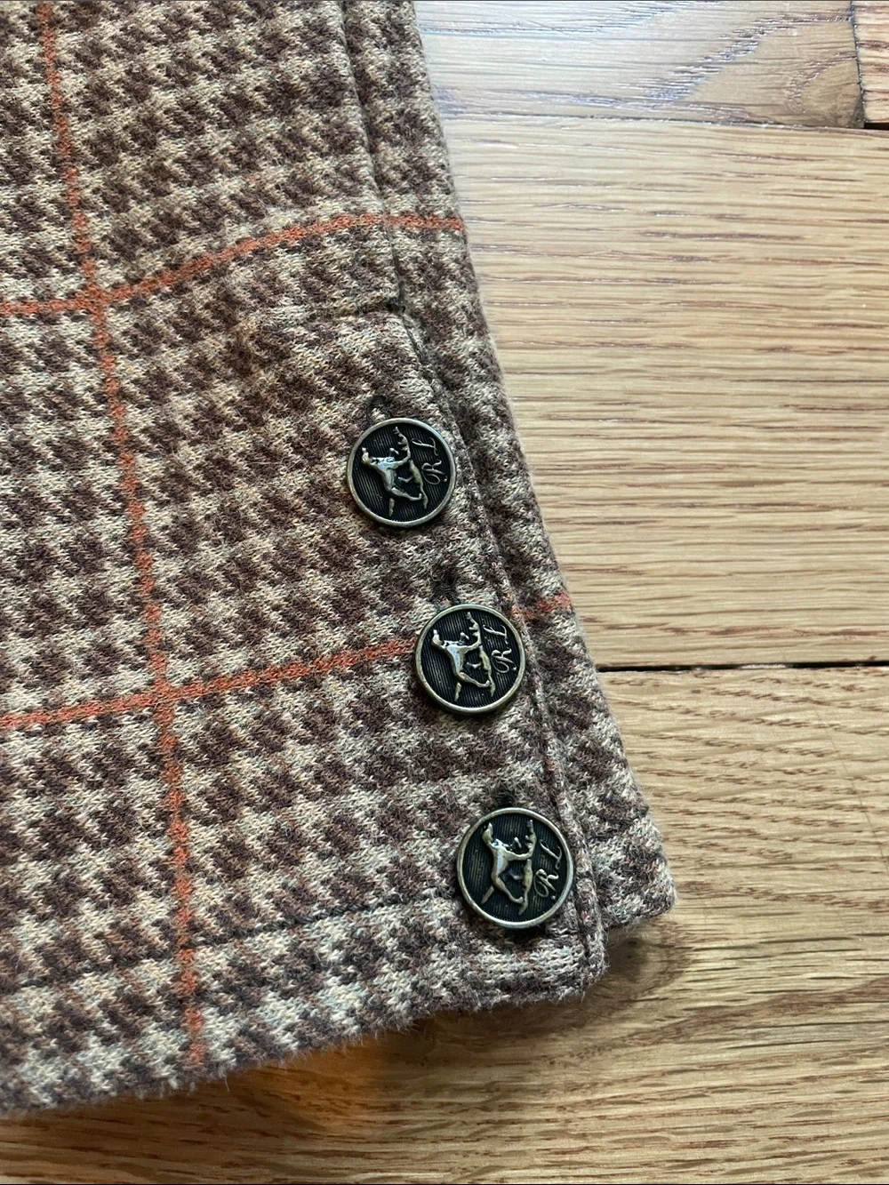 Ralph Lauren Brown Houndstooth Kids Leggings with Button Hem & tan shirt